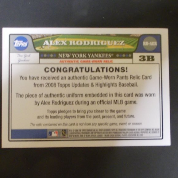 2008 Topps Update and Highlights Alex Rodriguez Game Worn Pants Yankees HOF - Picture 2 of 2